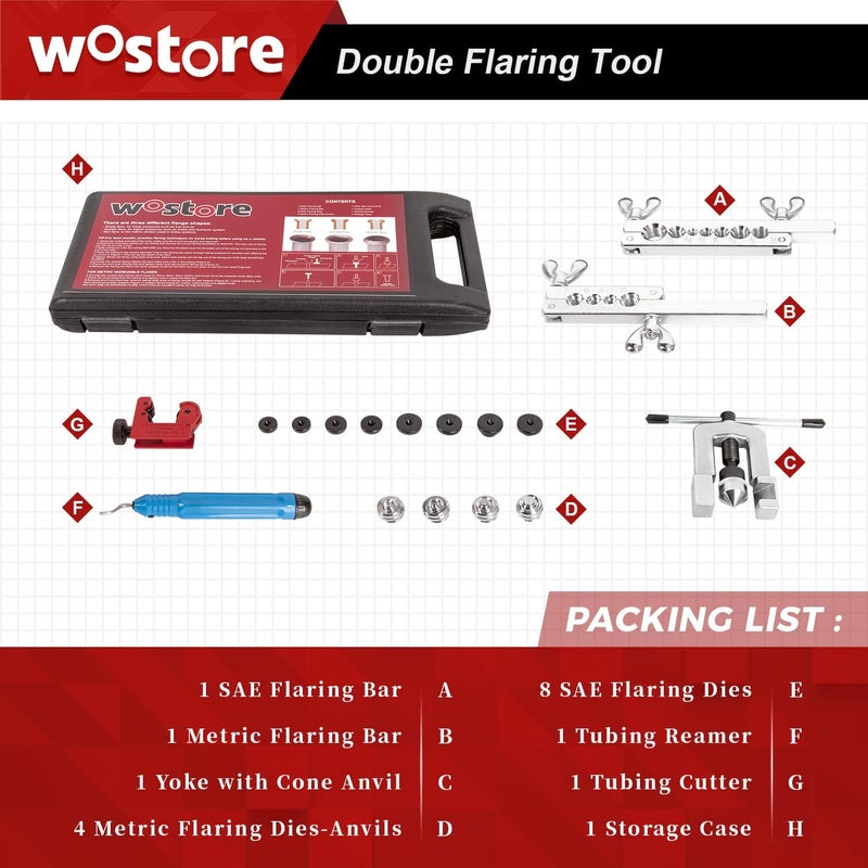 Wostore Professional Brake Line Flare Kit for Single, Double (SAE) Flares & Bubble (ISO) Flares with Tubing Cutter Pipe Reamer for 3/16-5/8" 7 Sizes - Image 2